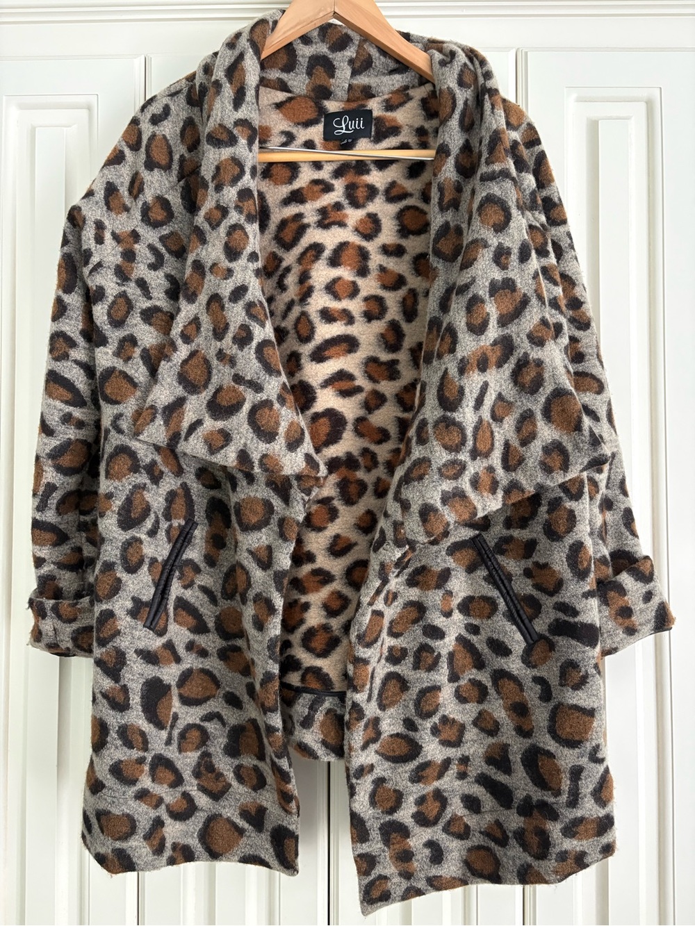 Luii Wool Blend Brown & Black Leopard‎ Print Oversized Coatigan Size Large